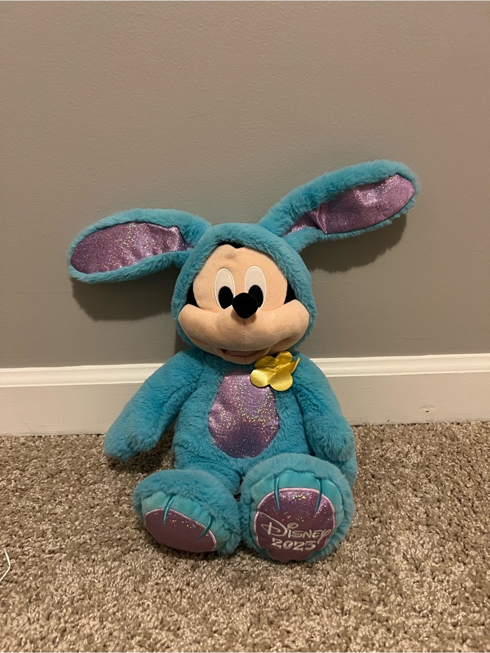 Disney Teal Mickey Bunny Plush with Purple Sparkle Panels and Yellow Flower